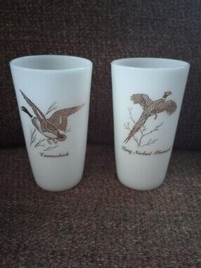Vintage Federal Glass Co White Milk Glass Game Bird Tumblers - Pair